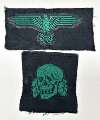 VERY RARE Waffen-SS Green Cap Insignia Set for Camouflage Cap - (Unissued)