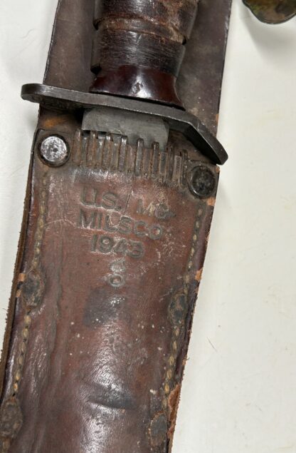 U.S. WWII M3 Fighting Knife by Imperial w/ 1943 Dated M6 Leather Scabbard - Image 6